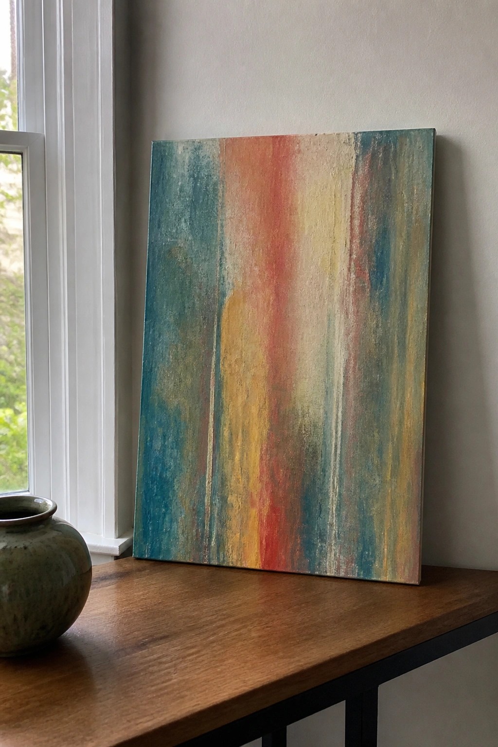 Abstract painting with vertical teal orange yellow stripes beside green vase on wooden table