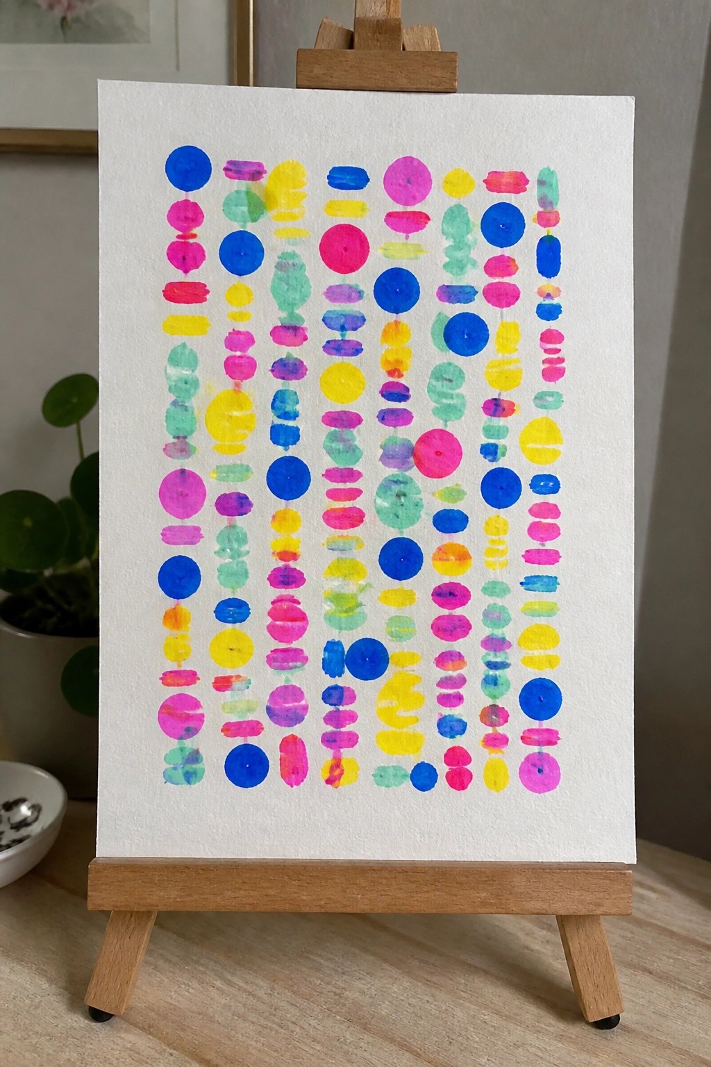 Vibrant abstract painting with colorful dots and shapes on wooden easel