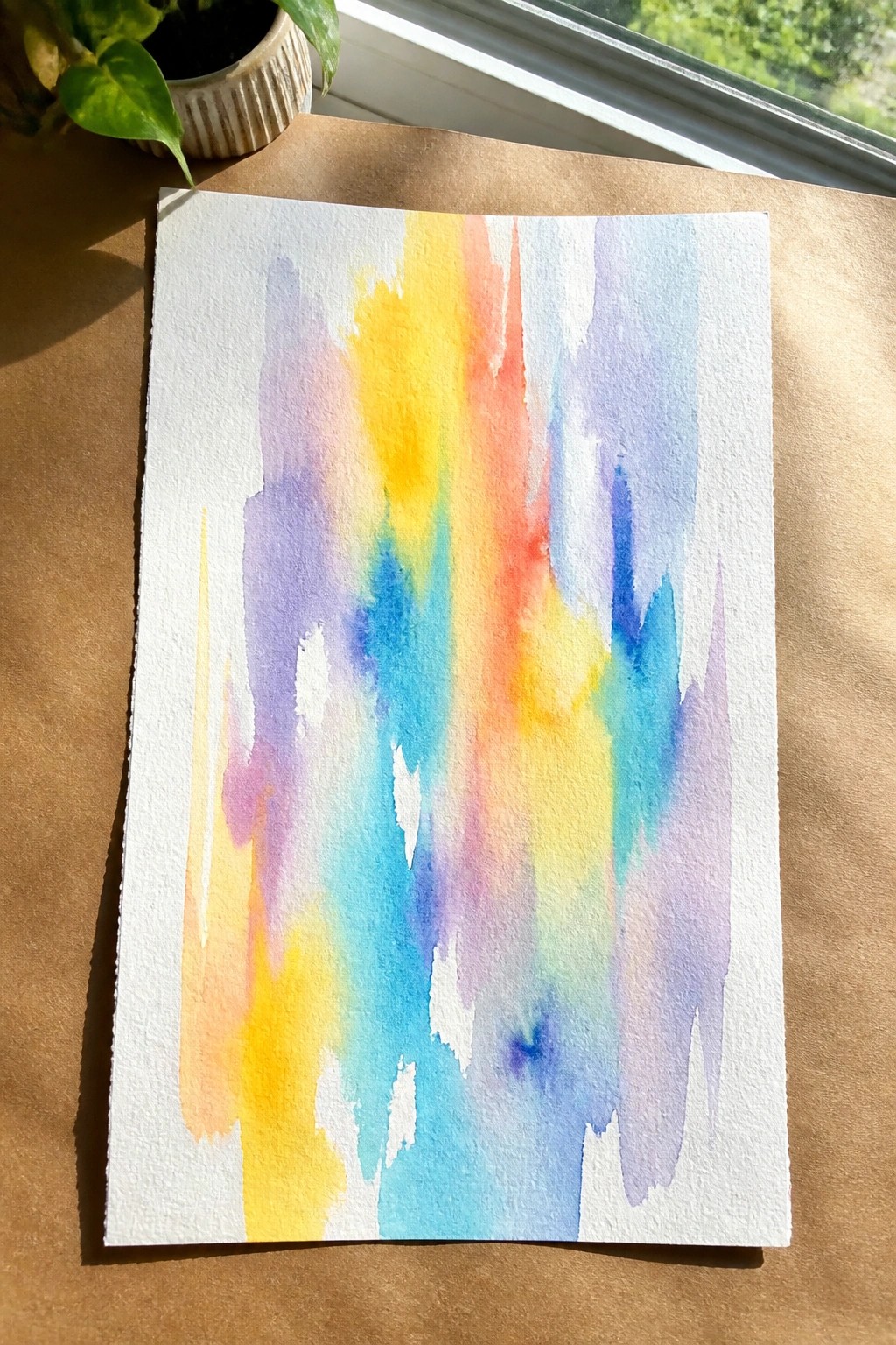Watercolor painting with vertical rainbow color streaks on white paper.