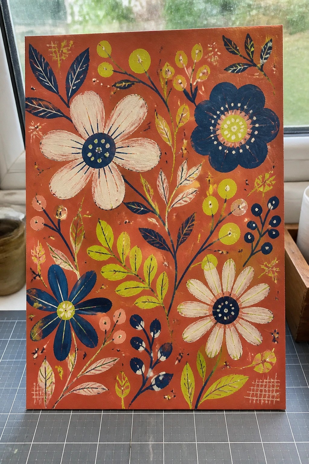 Vibrant floral painting with blue, white and yellow flowers on orange background