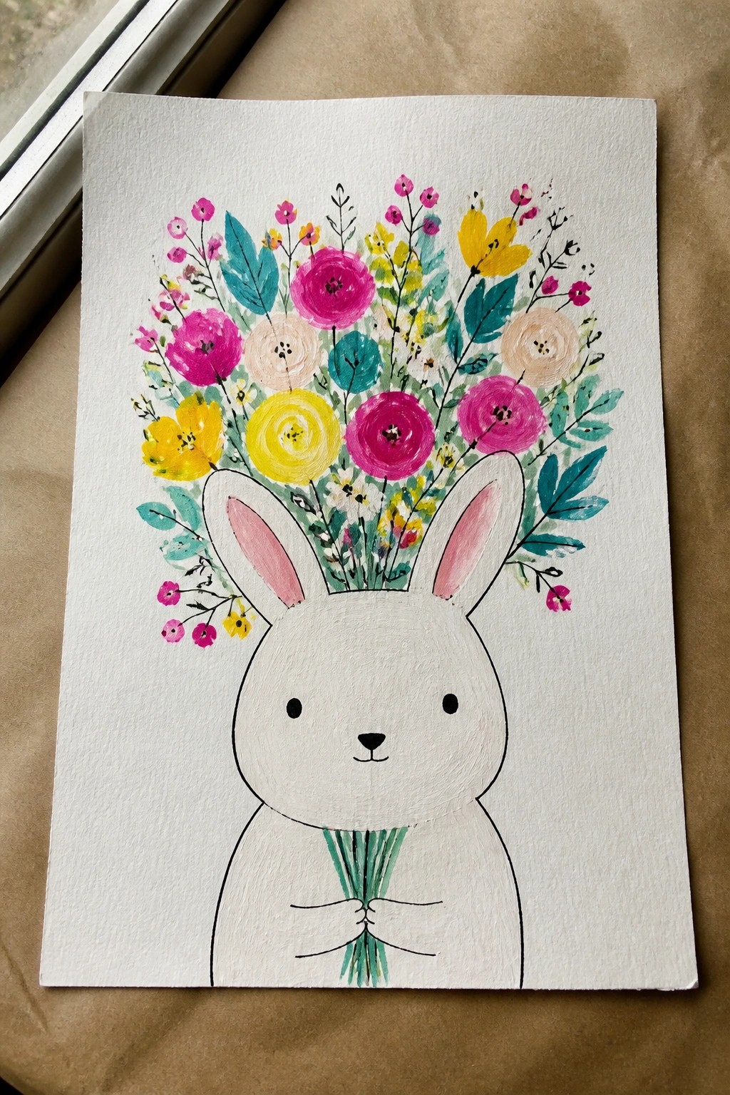 White bunny holding vibrant bouquet of pink, yellow, and teal flowers with pink ears