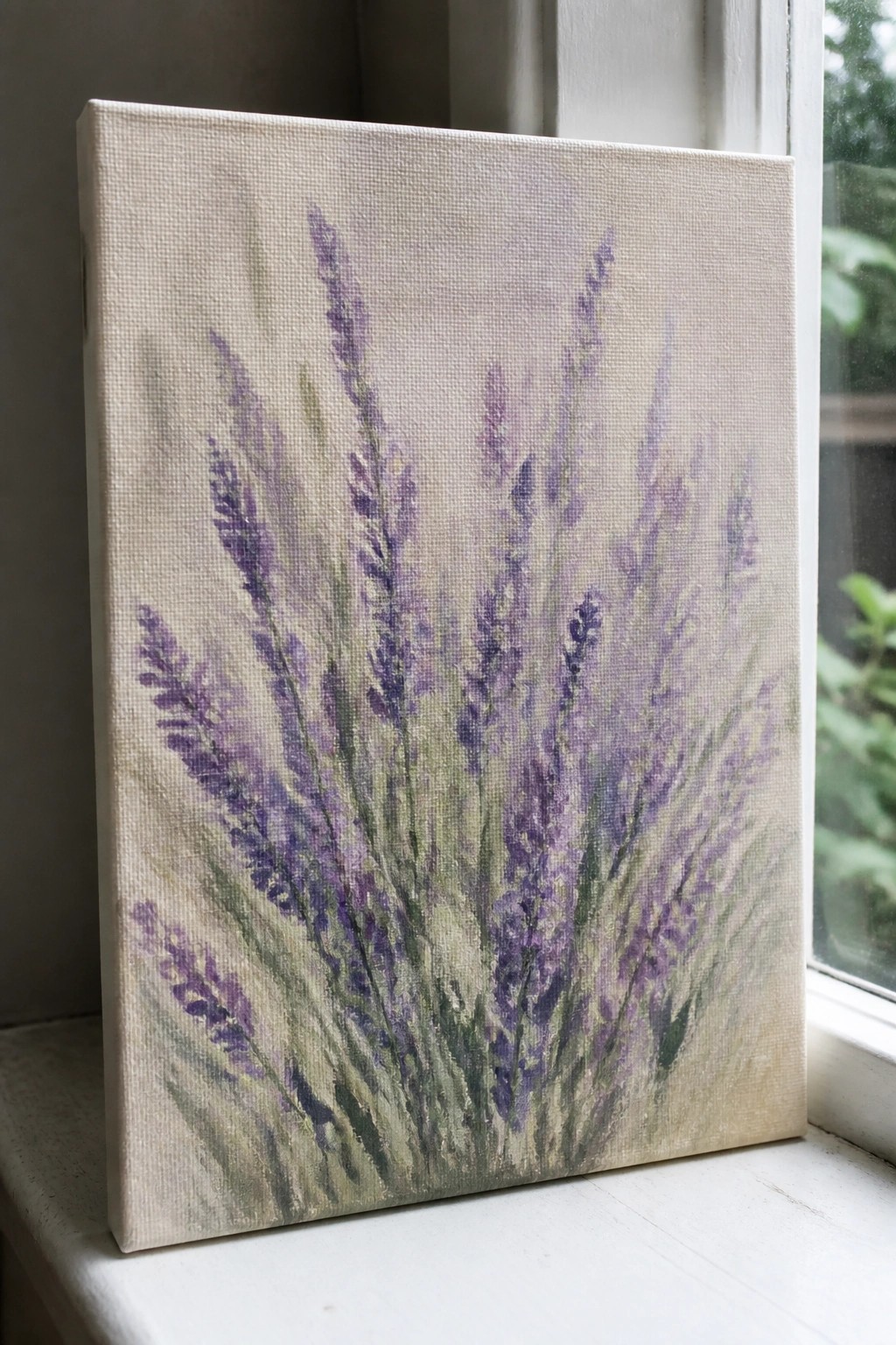 Canvas painting of purple lavender flowers with green stems on windowsill