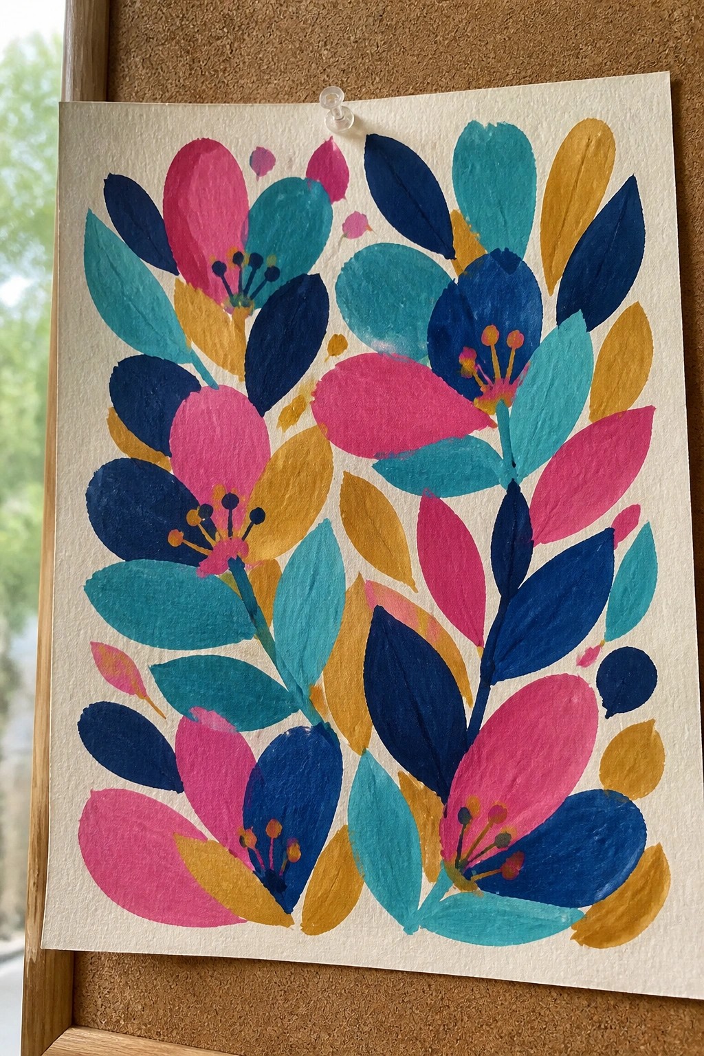 Vibrant abstract flowers in pink, blue, teal, and gold pinned to corkboard.