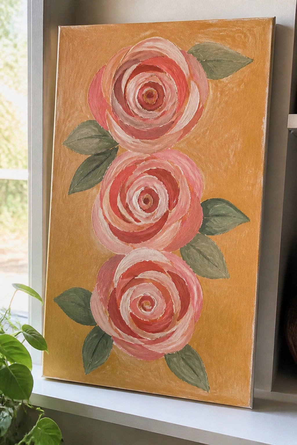 Three pink roses with green leaves on textured orange canvas by window.