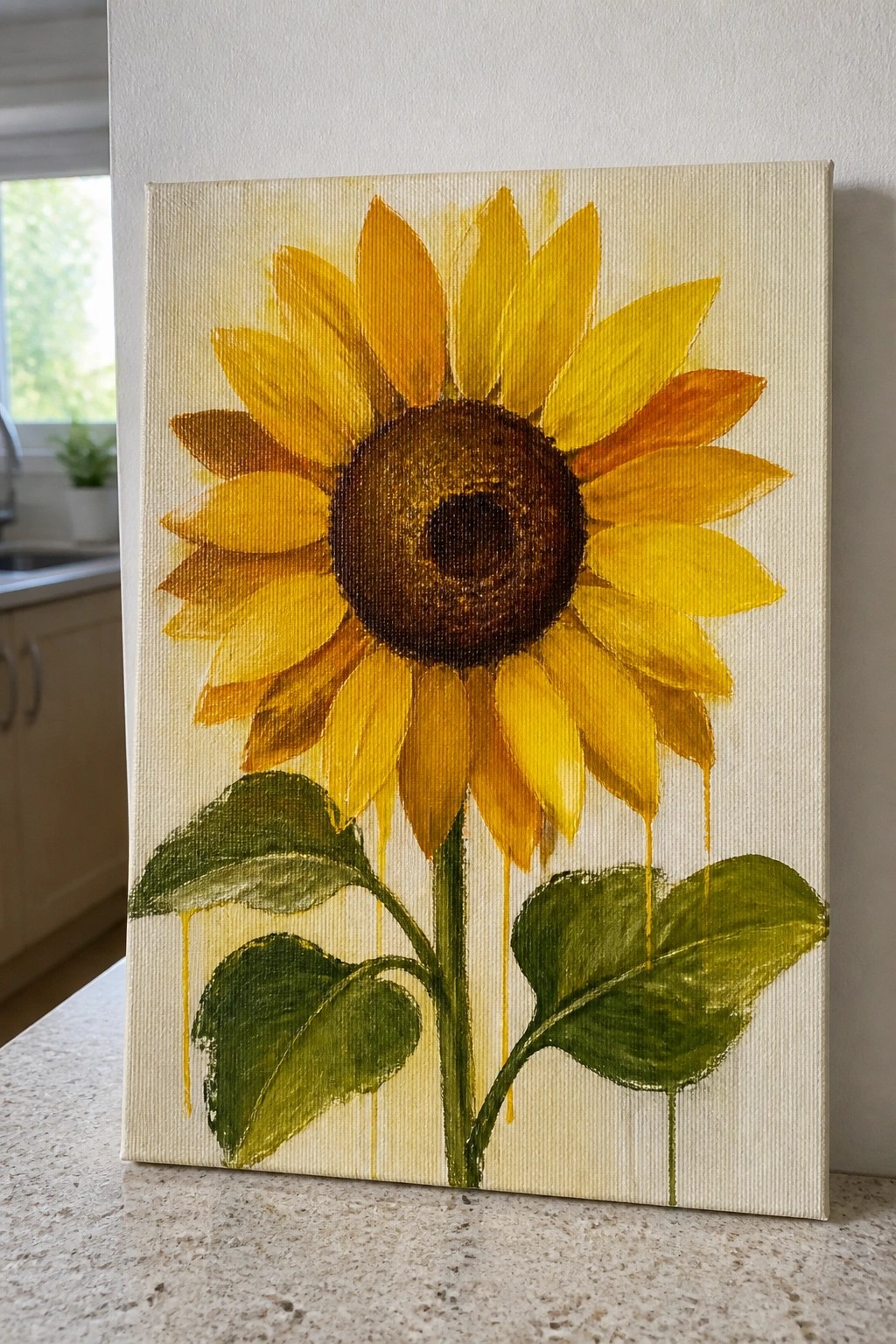Yellow sunflower painting with brown center, green leaves, and yellow drips on canvas