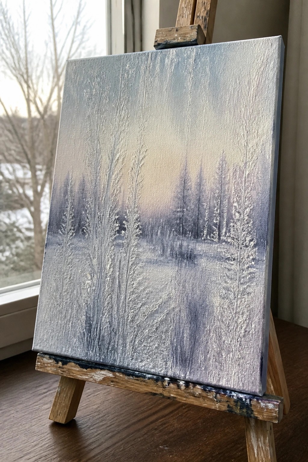 Winter forest painting with tall trees on wooden easel by window.