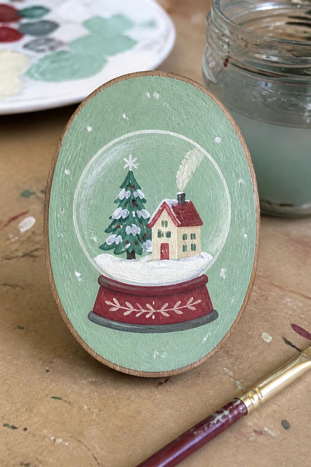 Hand-painted oval wooden snow globe with tree, house, and red base