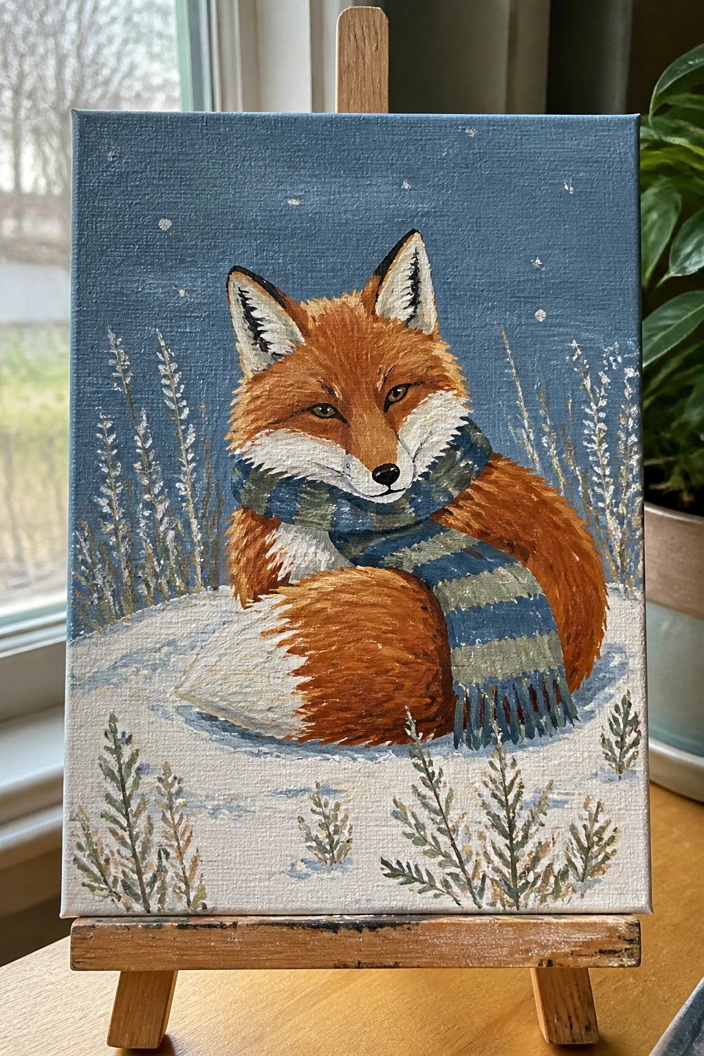 A painting of a red fox wearing a blue and gray striped scarf sitting in the snow with plants around and a blue sky with snowflakes.