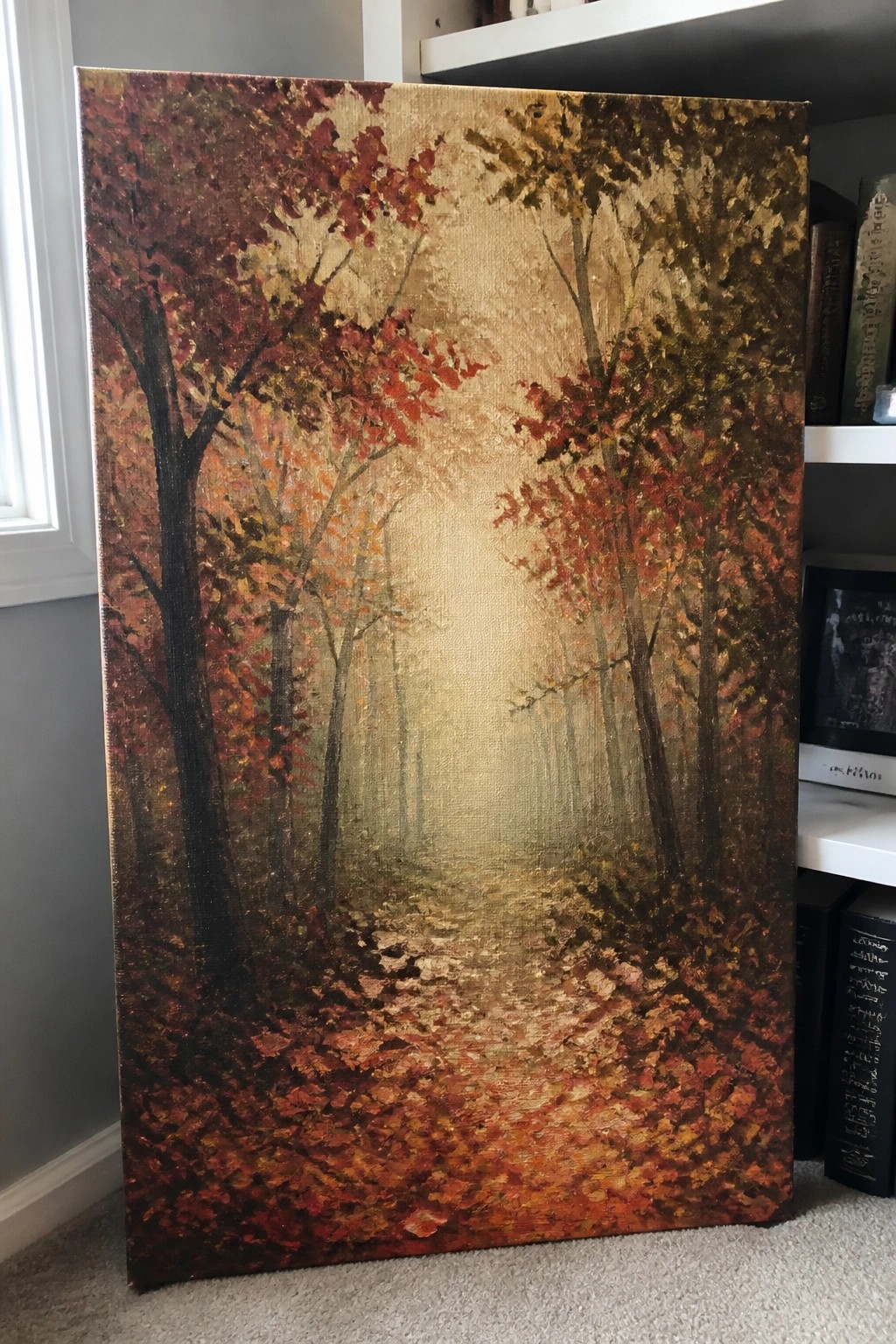 Autumn forest painting with red-orange trees and misty leaf-strewn path