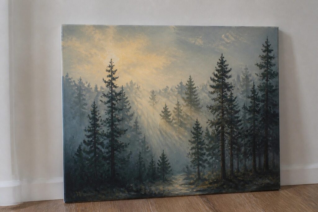 23 Atmospheric Forest Painting Ideas That Showcase Depth, Light, and Texture Misty pine forest painting with golden sunlight rays piercing the fog.