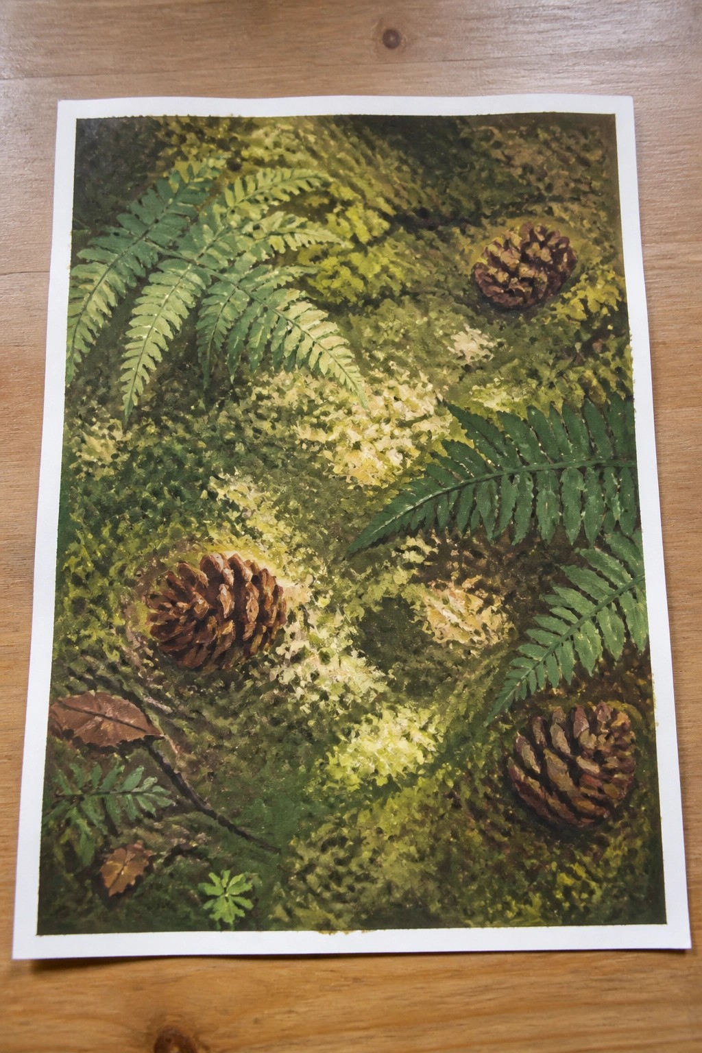 Realistic painting of brown pine cones amid green ferns on mossy forest floor