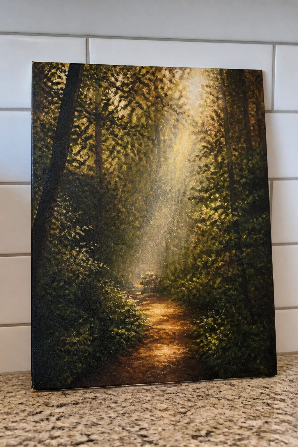 Sunlit forest path with golden light rays filtering through dense green trees on canvas