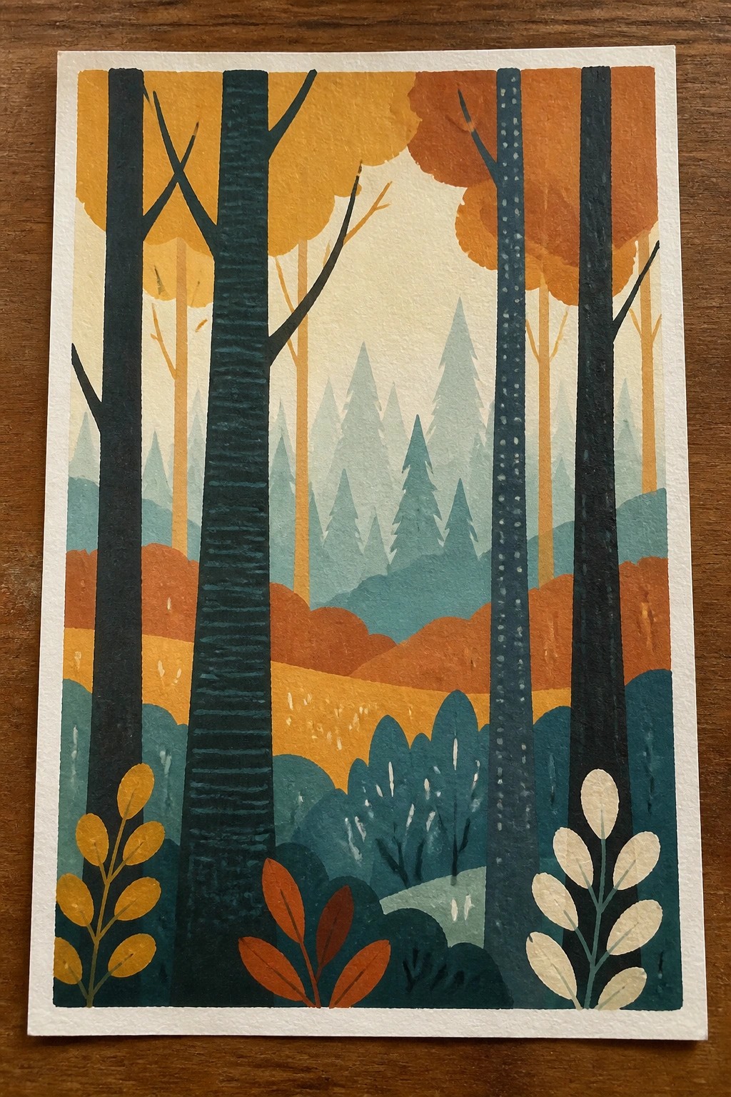 Colorful autumn forest with tall dark trunks, orange leaves, and layered hills