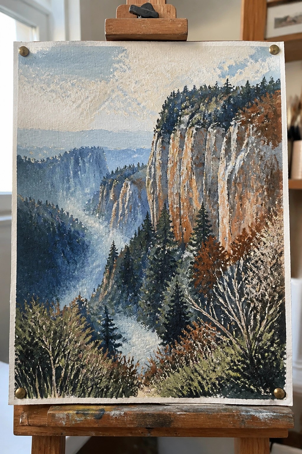 Watercolor painting on wooden easel showing misty cliffs and autumn forest landscape.