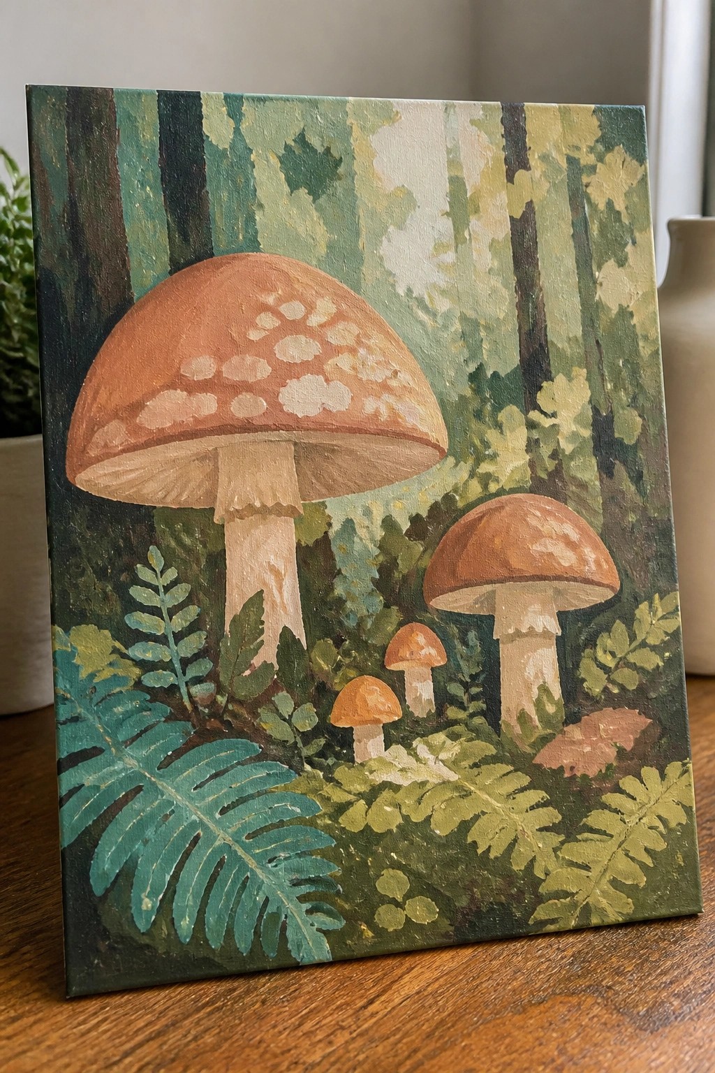 Painting of large brown mushrooms amid green ferns in a forest scene