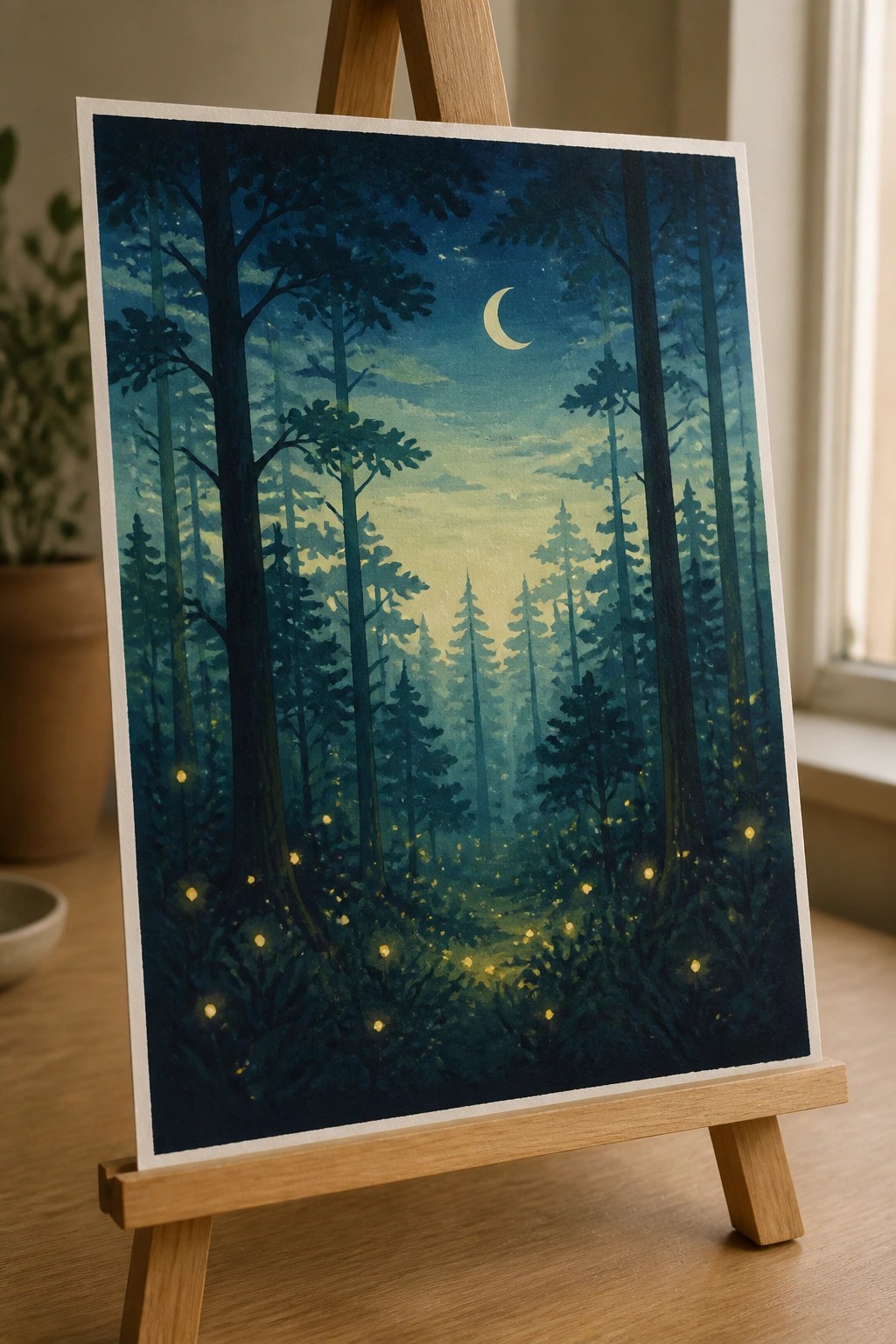 Wooden easel holding night forest painting with crescent moon and glowing fireflies