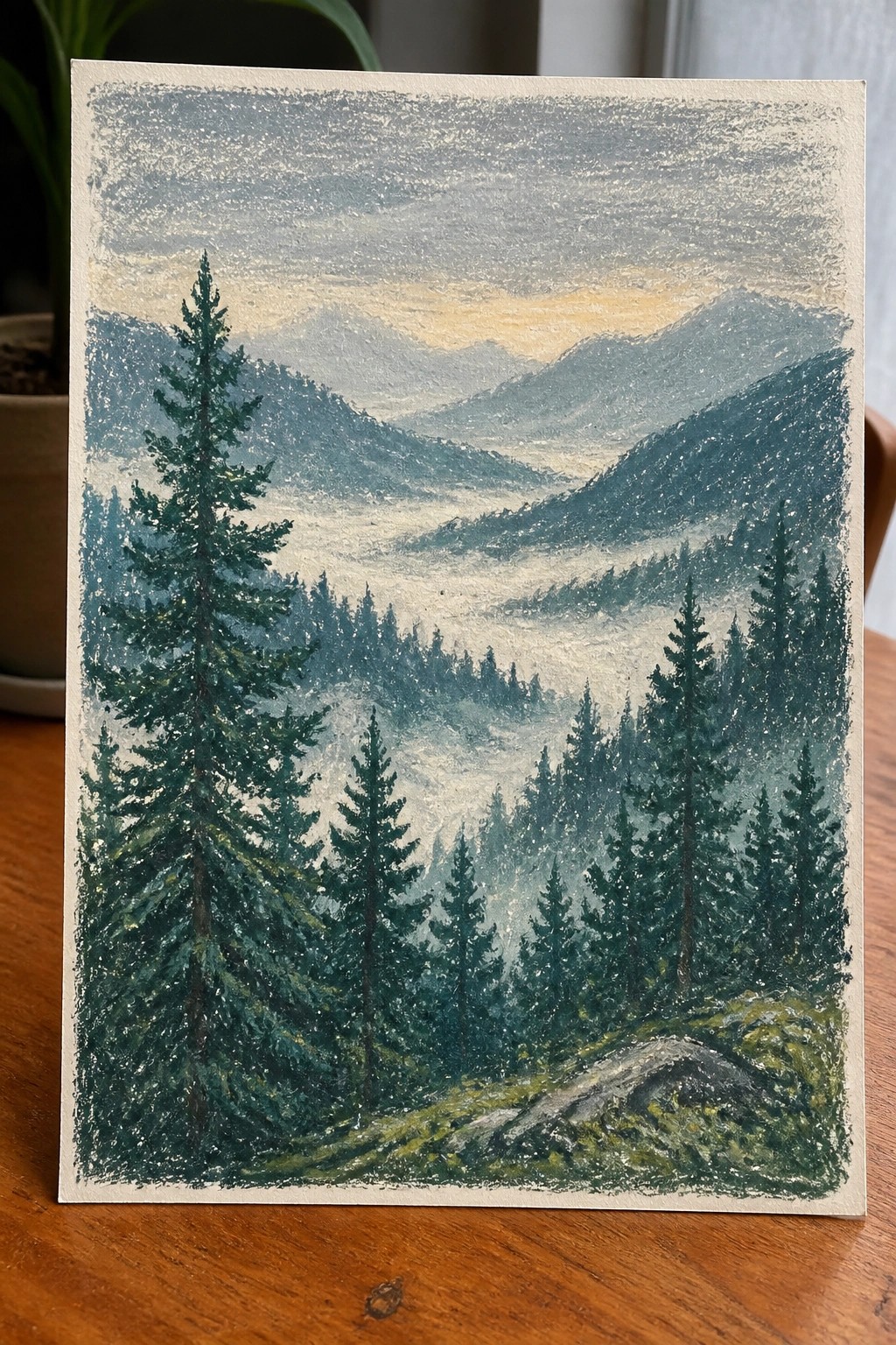 A painting of a misty forest landscape with tall evergreen trees in the foreground and fog-covered mountains in the background under a soft sky.