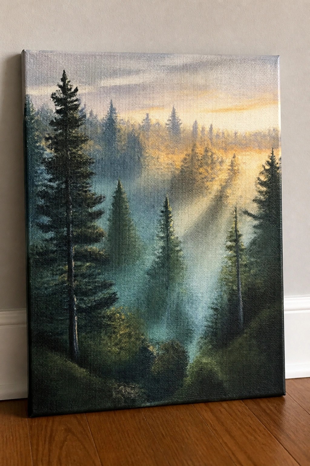 Misty pine forest painting with golden sunlight rays piercing the fog.