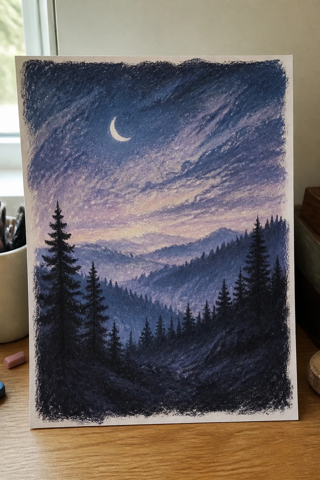 Pastel drawing of crescent moon over misty purple mountains with silhouetted pine trees.