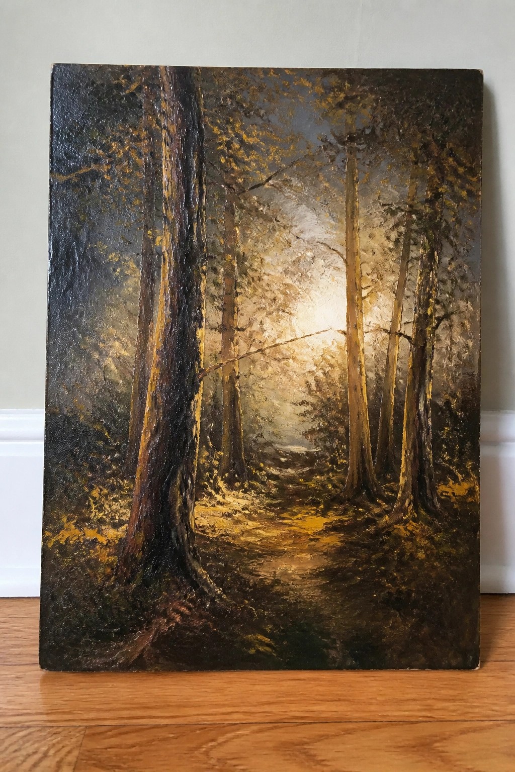 Sunlit forest path winding between tall trees in dramatic oil painting