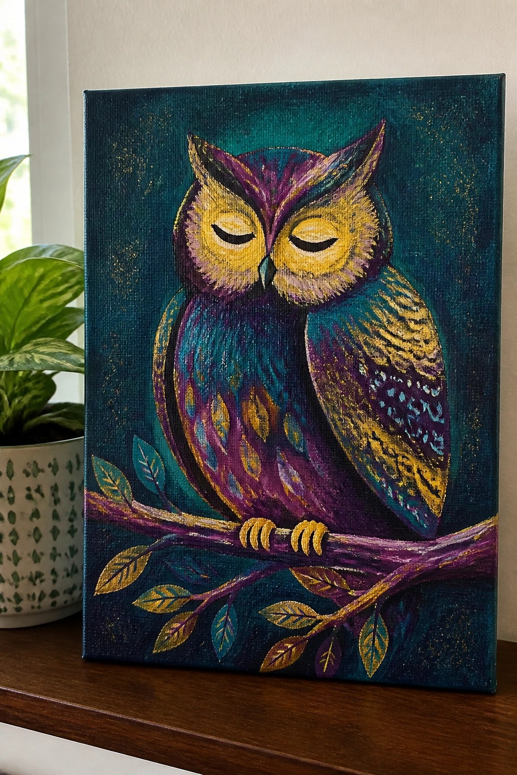 Colorful owl painting with purple blue feathers, gold accents, perched on leafy branch