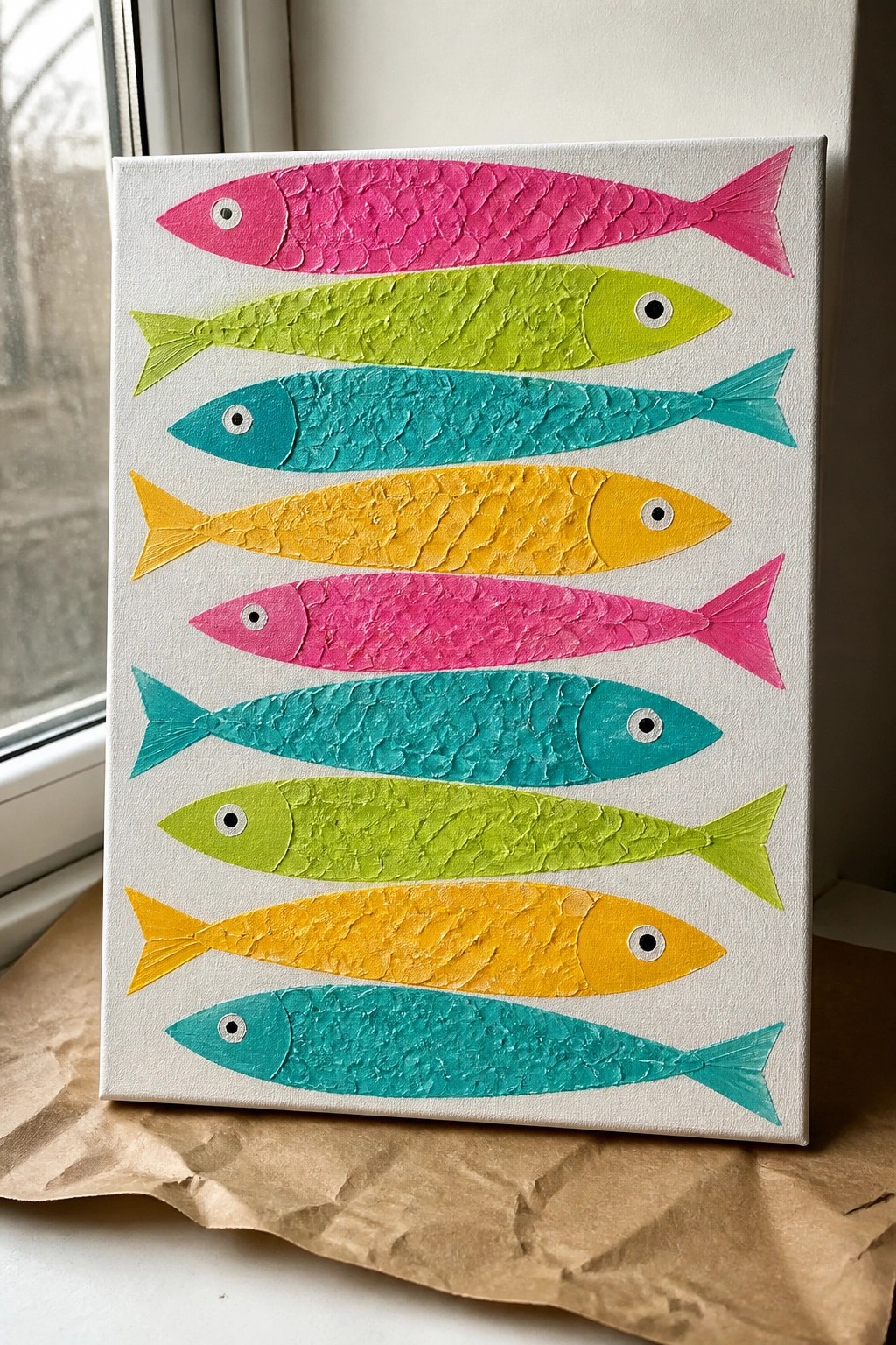 Colorful textured fish in pink, green, blue, and yellow on white canvas