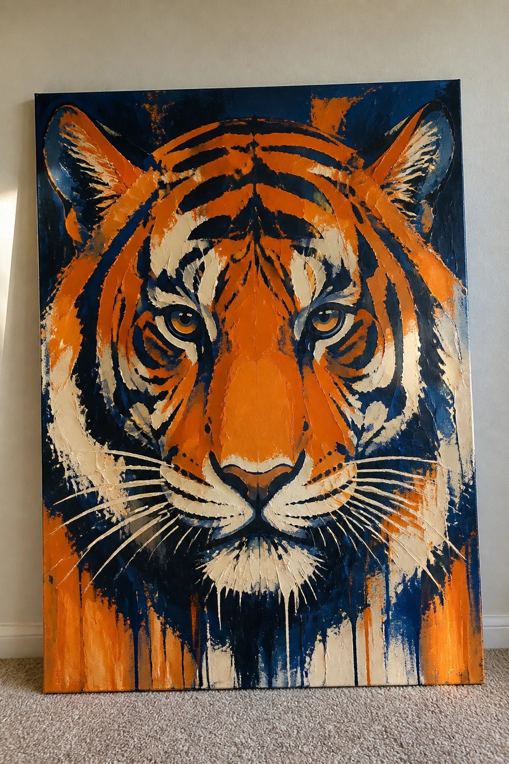 Vibrant tiger face painting in bold orange, blue, and white with drips and texture.
