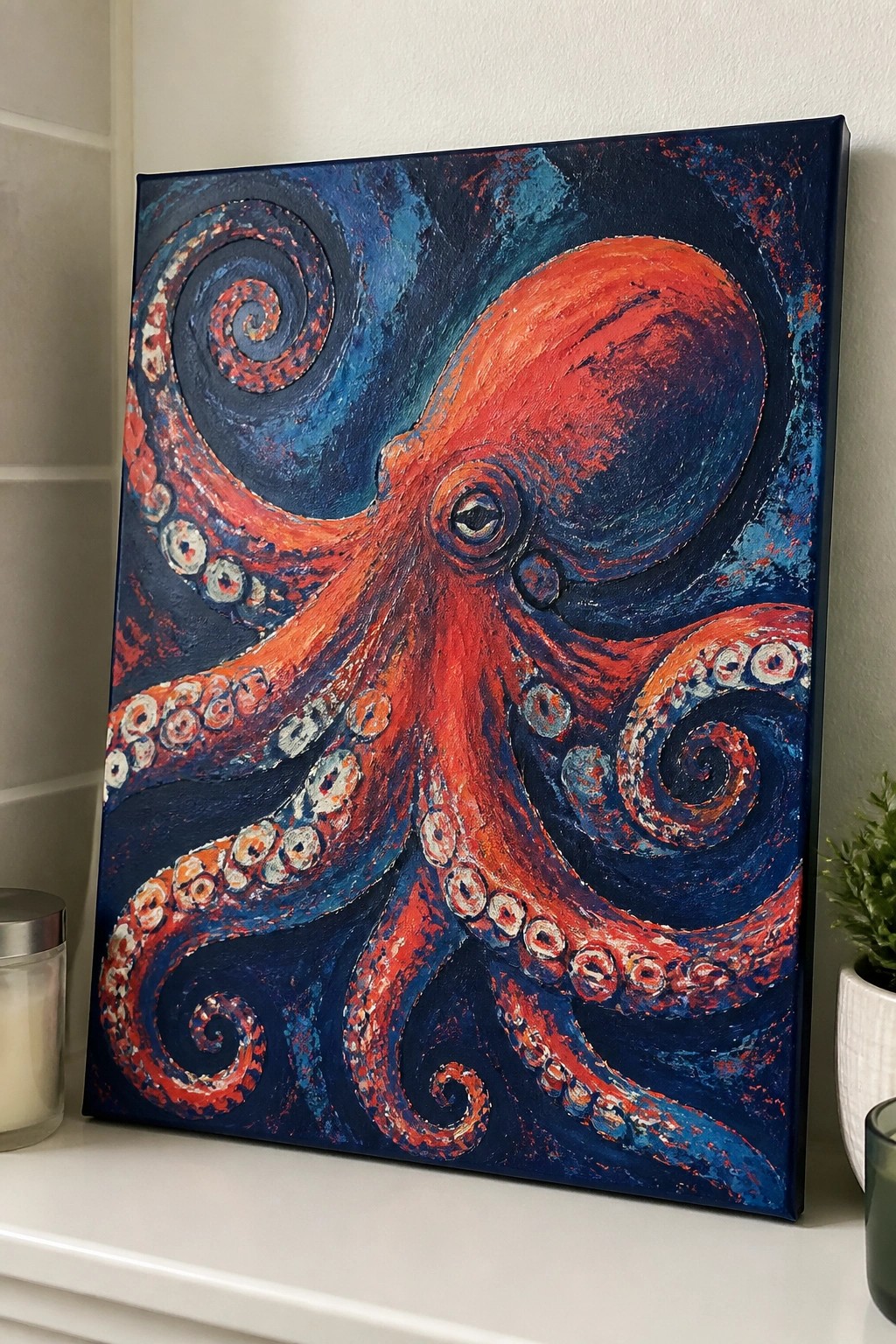 Vibrant red octopus painting with swirling blue tentacles on dark canvas