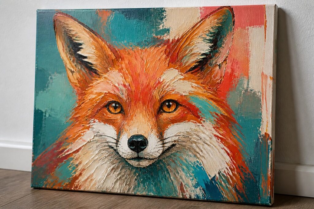 23 Beautiful Animal Acrylic Painting Ideas Using Bold Color and Texture Vibrant textured painting of a fox face in orange, teal, and red hues