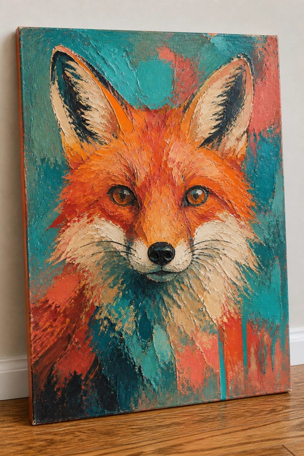 Vibrant textured painting of a fox face in orange, teal, and red hues