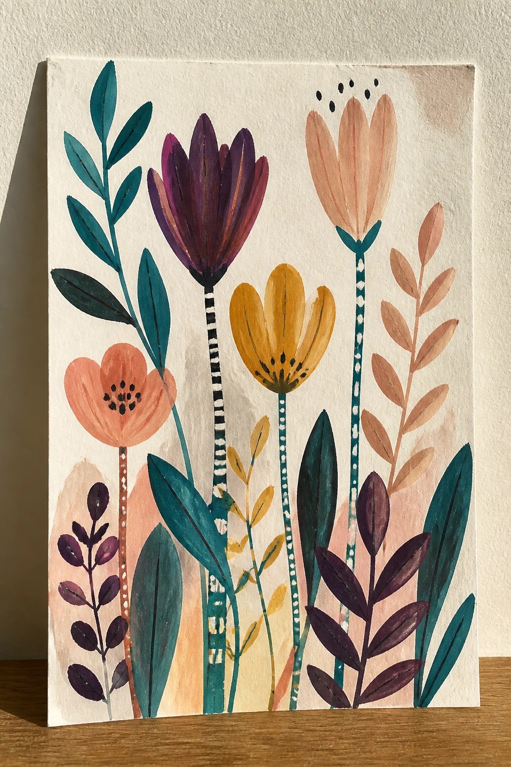 Colorful abstract floral painting with purple, orange, yellow flowers and patterned stems