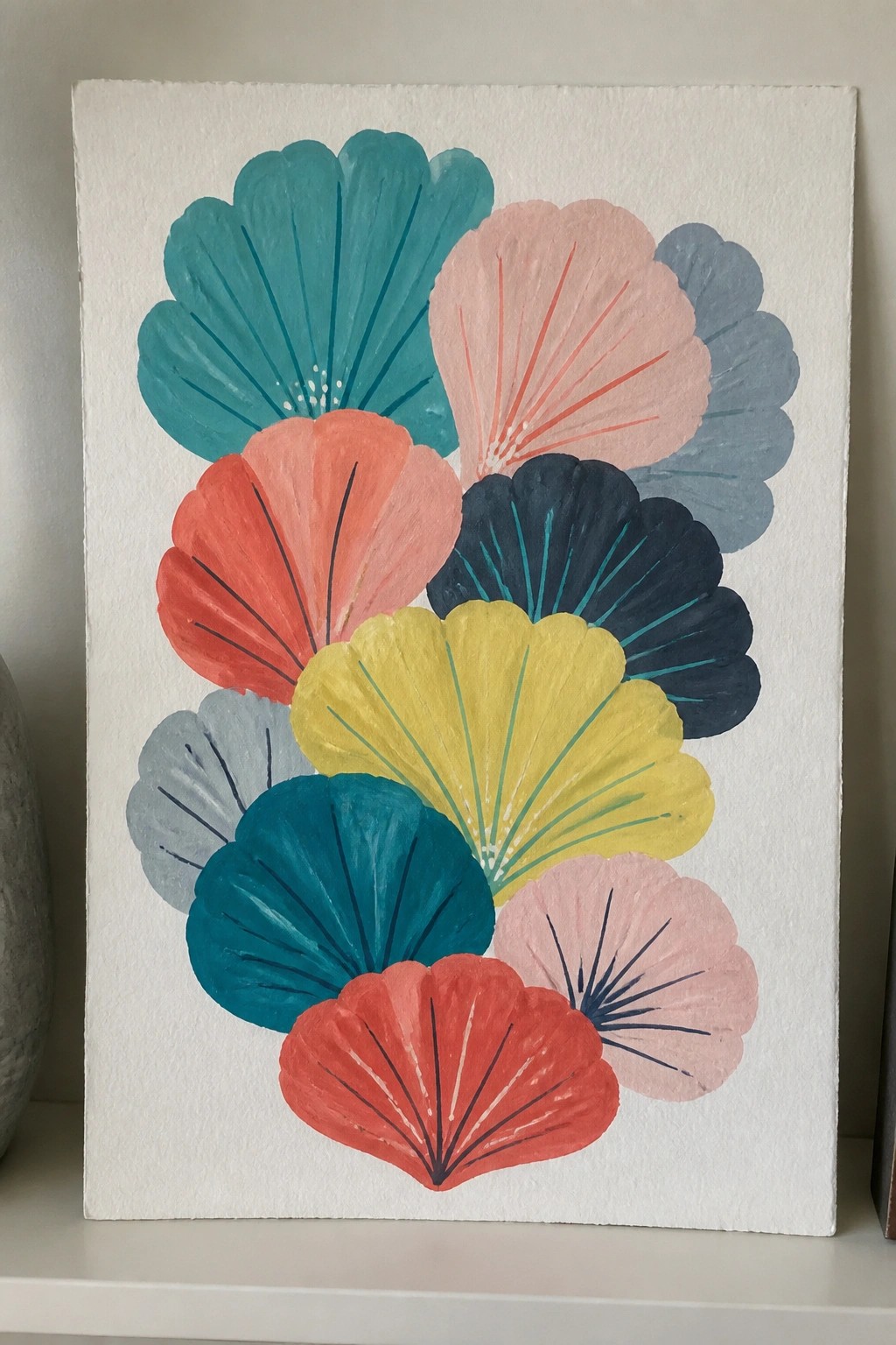 Vibrant abstract painting of overlapping scalloped shells in teal, coral, yellow and pink.