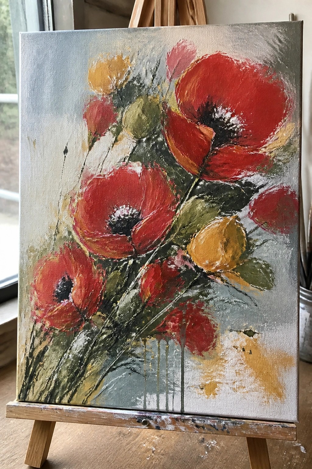 Abstract painting of bold red poppies with yellow accents on wooden easel