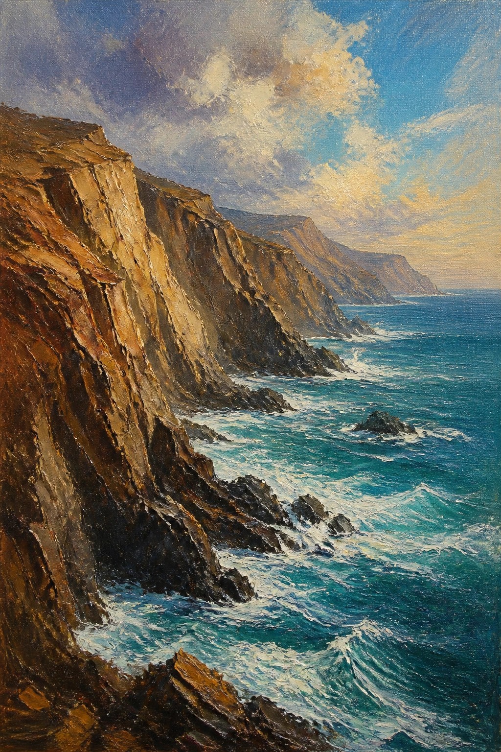 An oil painting of rugged brown cliffs meeting a blue ocean with white waves under a sky with purple and golden clouds.