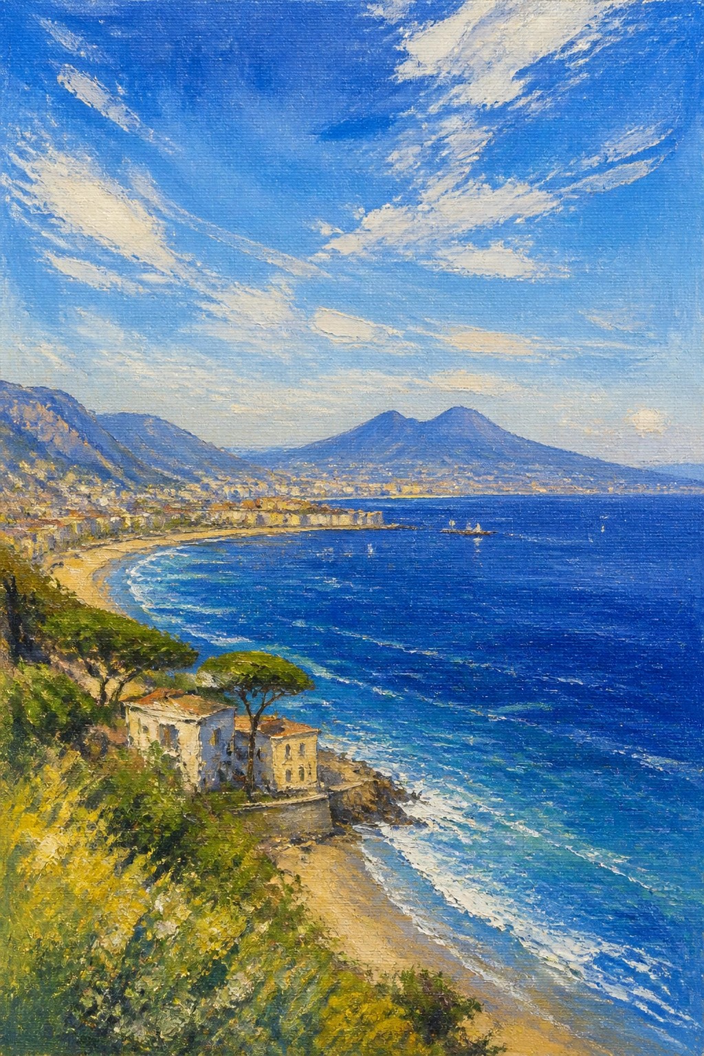 Oil painting of a sunny coastal bay with a curving sandy beach, white buildings on a green hillside, deep blue sea with white waves, and distant mountains under a bright sky with scattered clouds.