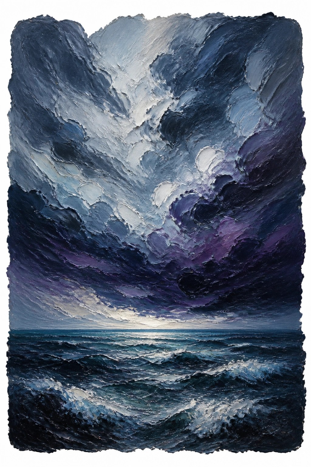 Thickly textured oil painting of stormy sea with swirling purple and blue clouds