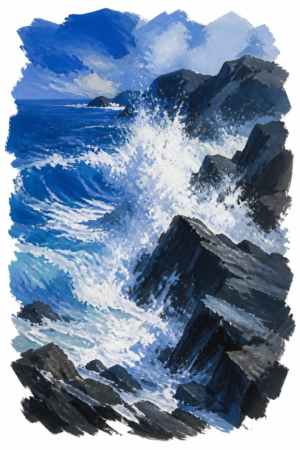 A painting of blue ocean waves crashing against dark rocky cliffs with white foam spray under a cloudy sky
