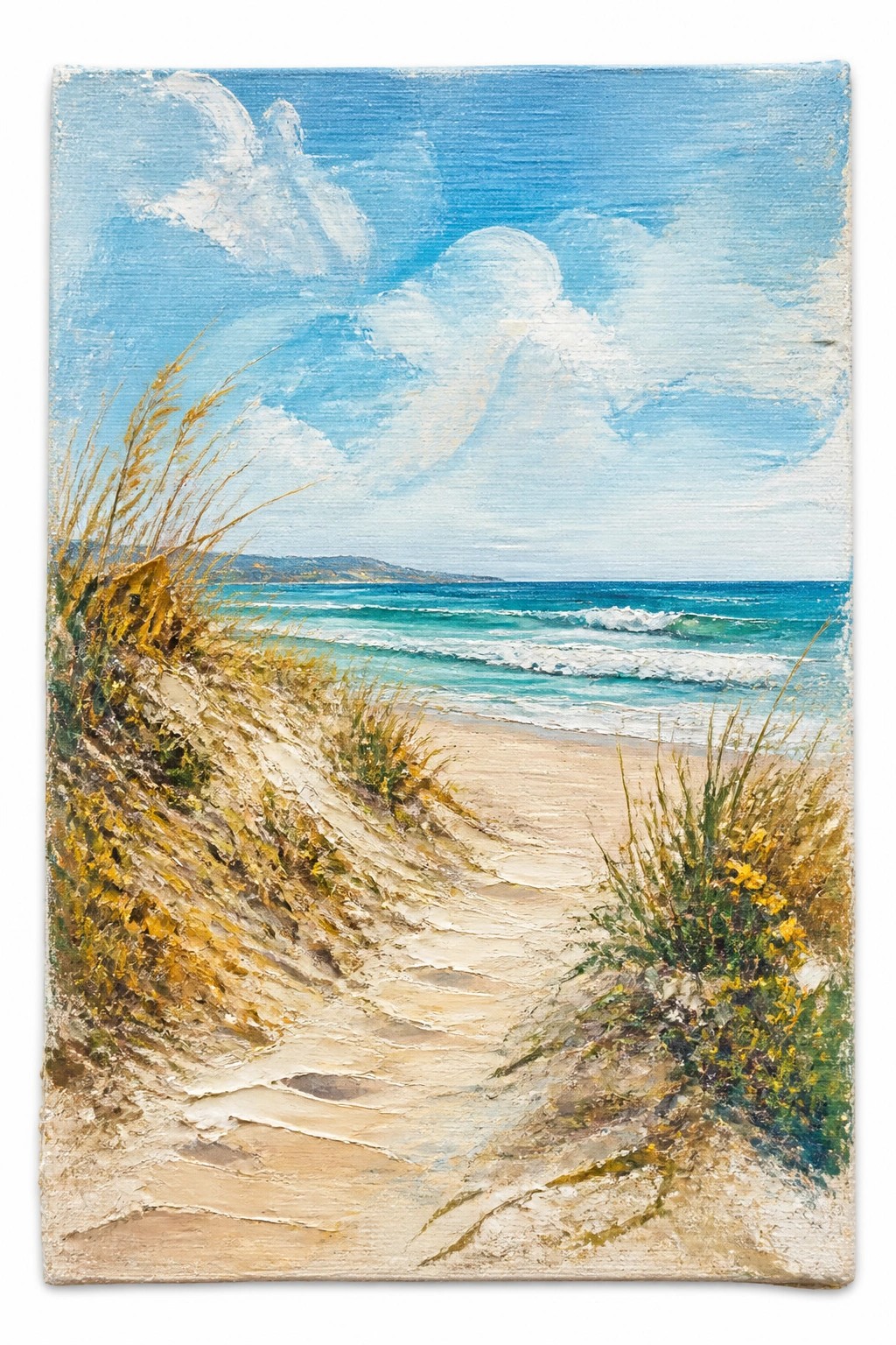 An impressionistic oil painting of a sandy path through grassy dunes leading to turquoise ocean waves under a bright blue sky with white clouds.