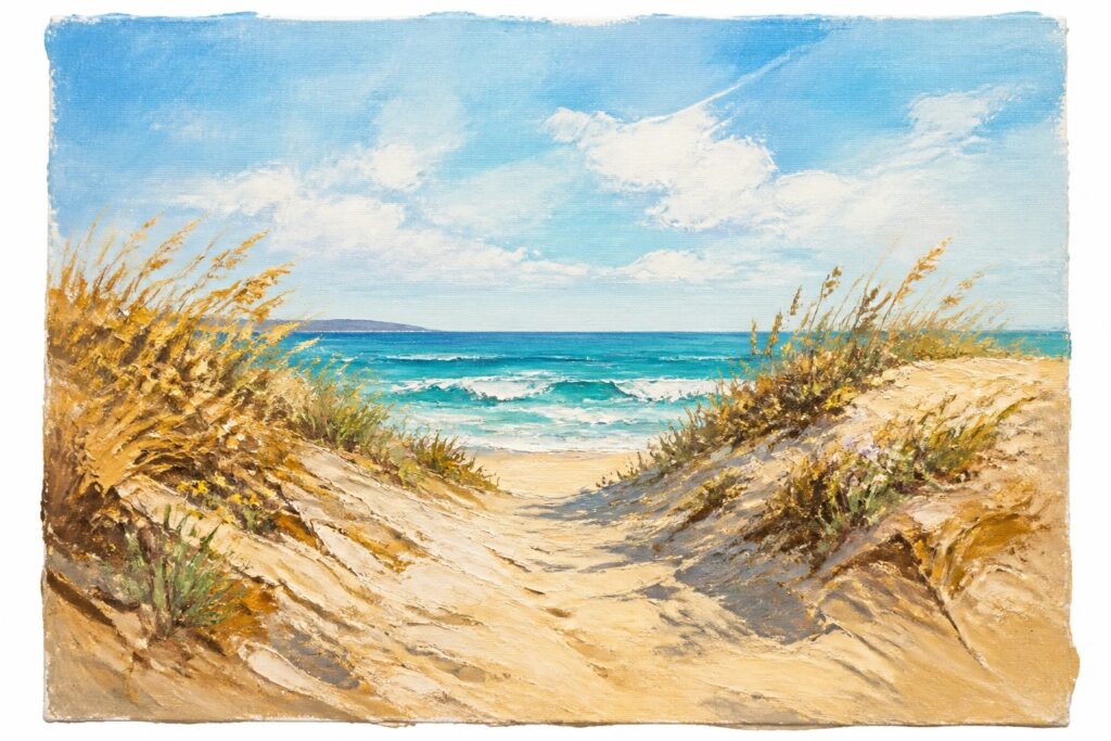 23 Breezy Beach Landscape Painting Ideas for Coastal Ocean Scenes An impressionistic oil painting of a sandy path through grassy dunes leading to turquoise ocean waves under a bright blue sky with white clouds.