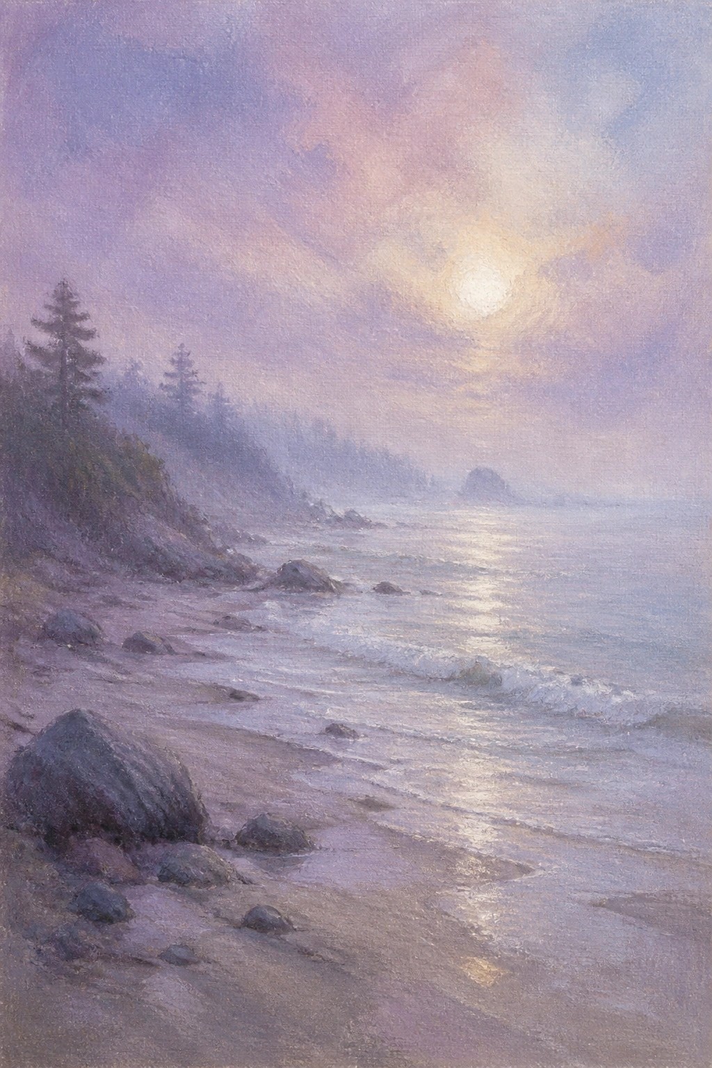 Soft oil painting of a misty beach at sunrise with purple pink skies golden sun reflection on gentle waves rocky shore and distant cliffs with trees