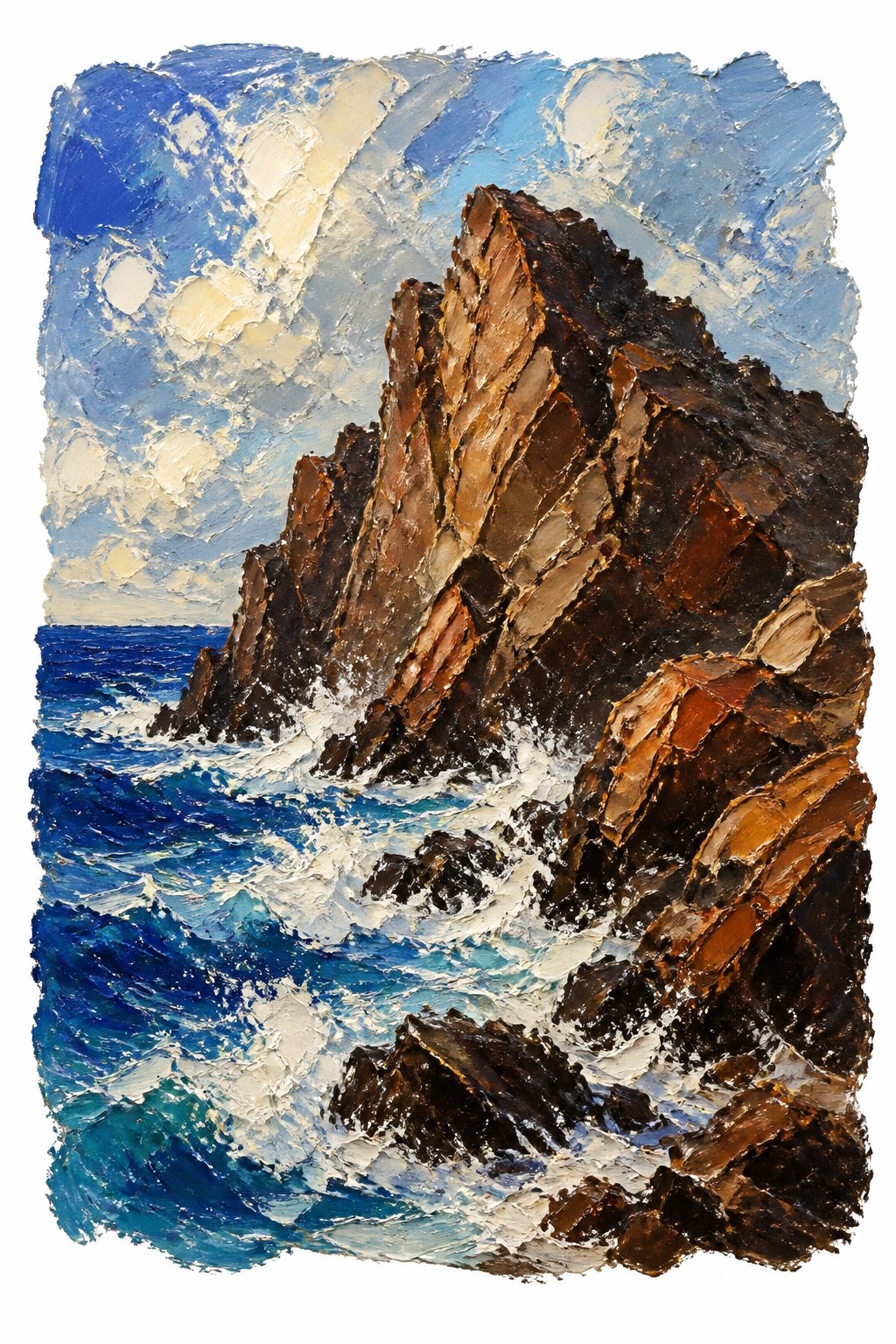 Thickly textured oil painting of tall brown rocky cliffs with white waves crashing at their base under a blue sky with clouds.