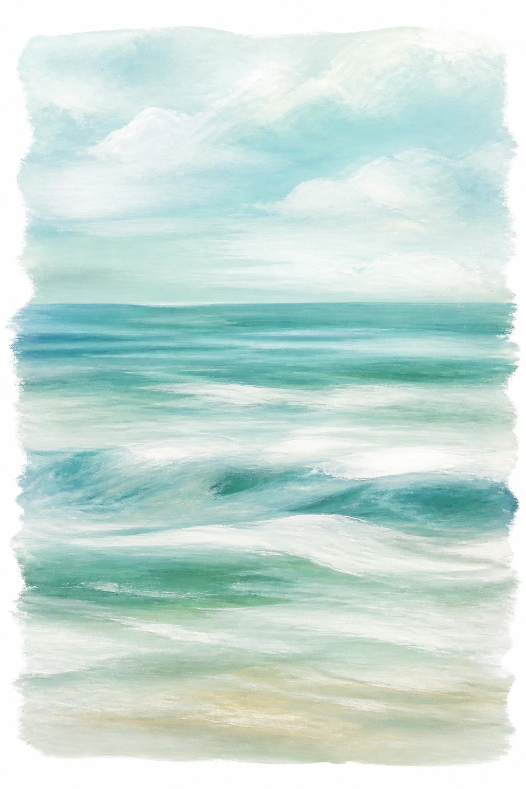 A soft watercolor seascape showing turquoise waves with white foam under a pale cloudy sky above a sandy beach.