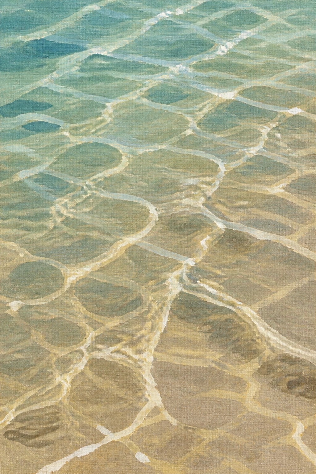 Painting of rippling shallow sea water with light reflections revealing a sandy seabed in teal green and brown hues