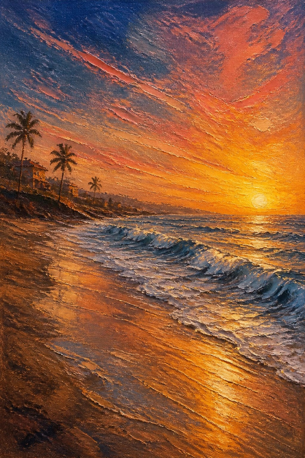 Oil painting of a beach at sunset with crashing waves palm trees on a hill and a vibrant orange red and blue sky with the sun low over the ocean.