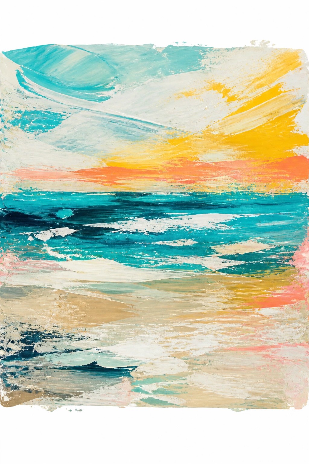 Abstract painting of a beach sunset featuring turquoise ocean waves with white foam, a vibrant yellow and orange sky, and a sandy shore in beige tones.