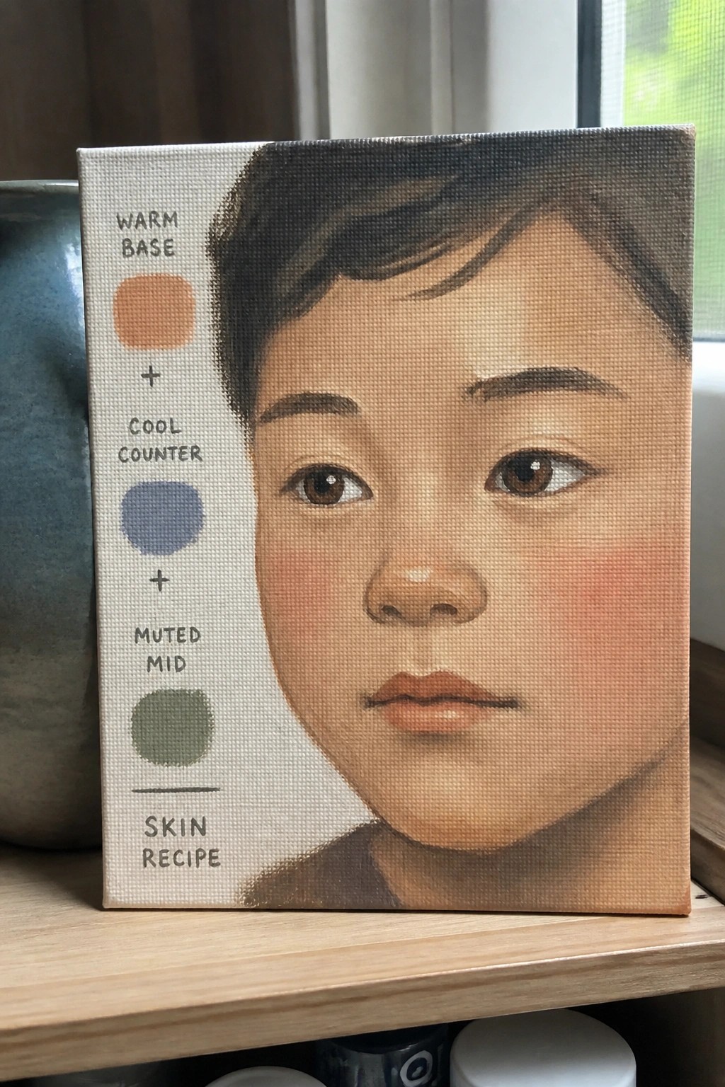 Canvas portrait of boy with warm base, cool counter, muted mid skin swatches