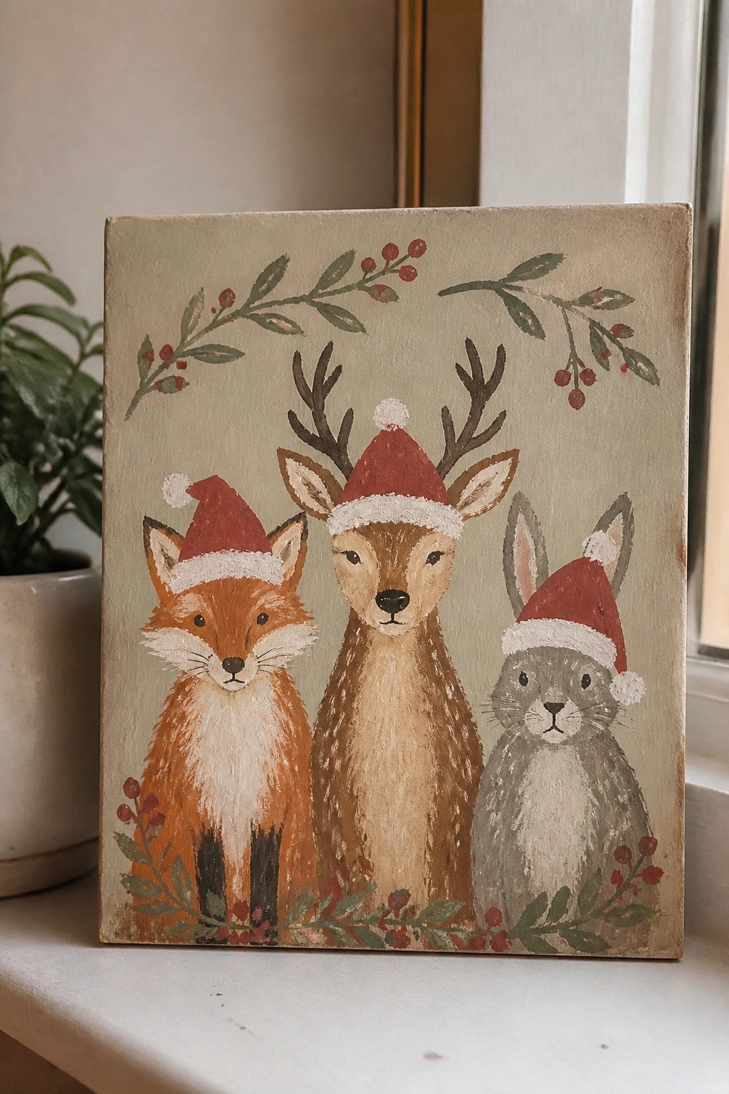 Rustic painting of fox, deer, and rabbit in red Santa hats with berry garlands