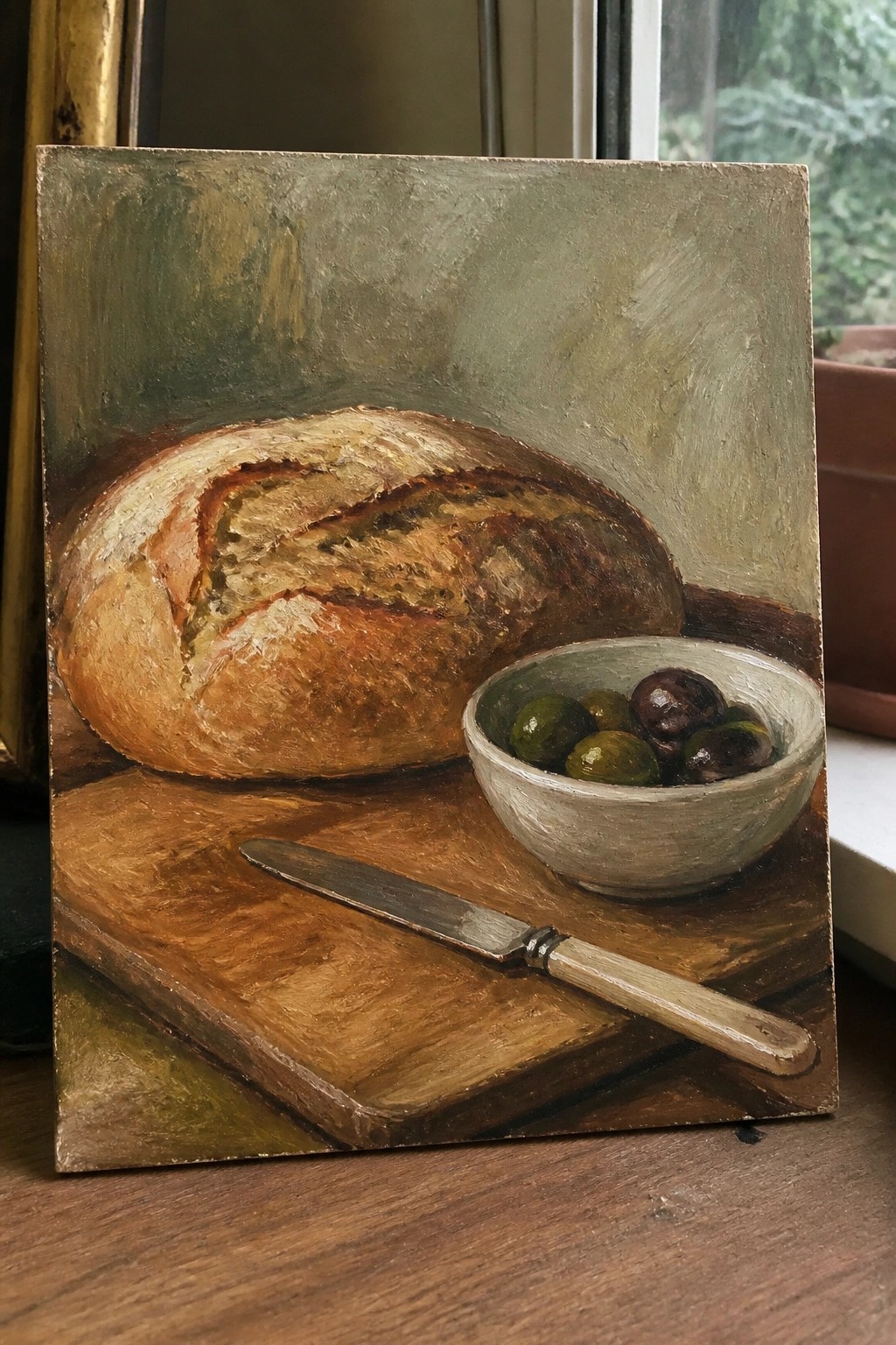 Rustic oil painting of crusty bread loaf, olive bowl, and knife on wooden board