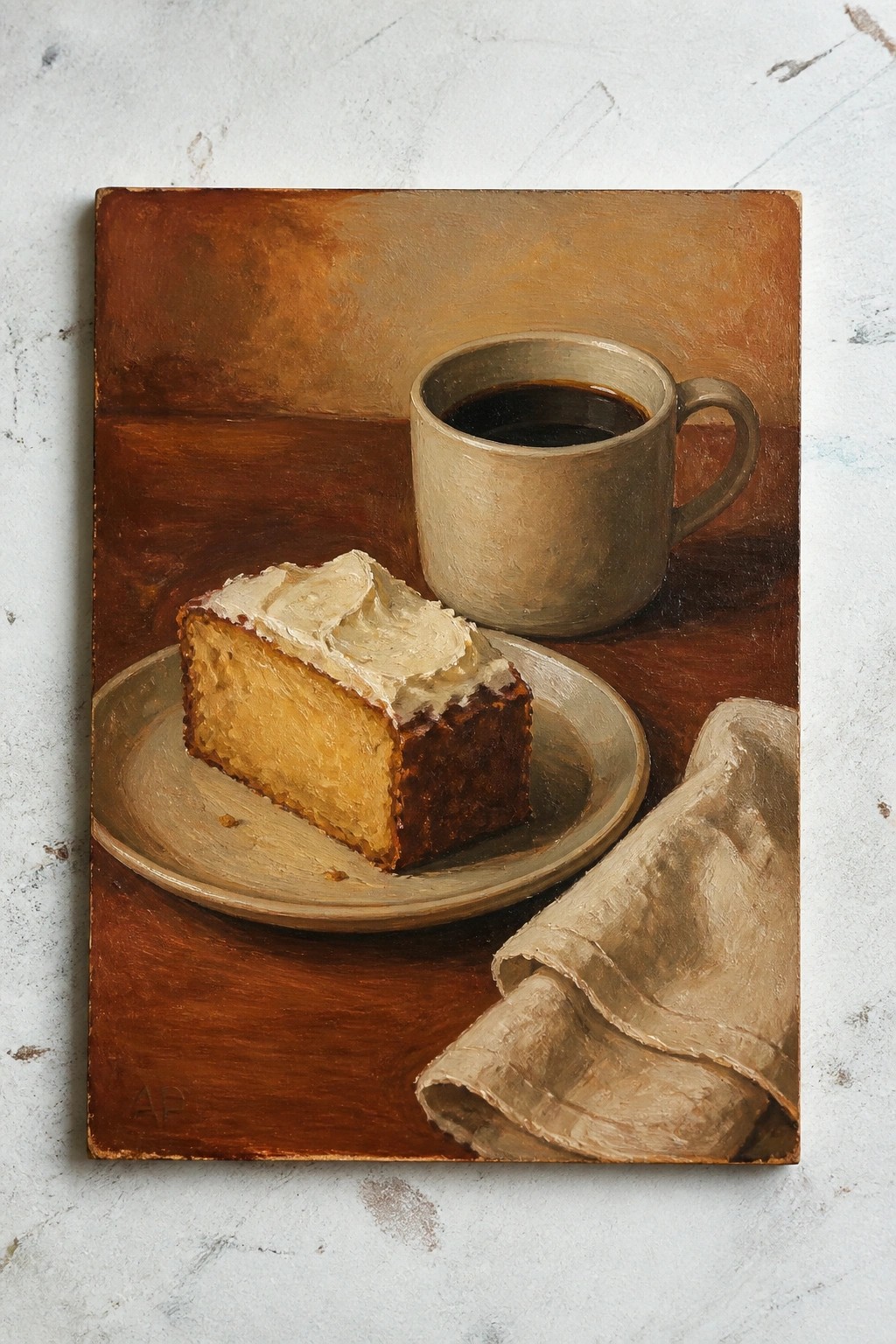 An oil painting of a slice of cake on a plate next to a cup of coffee and a folded napkin on a wooden table.