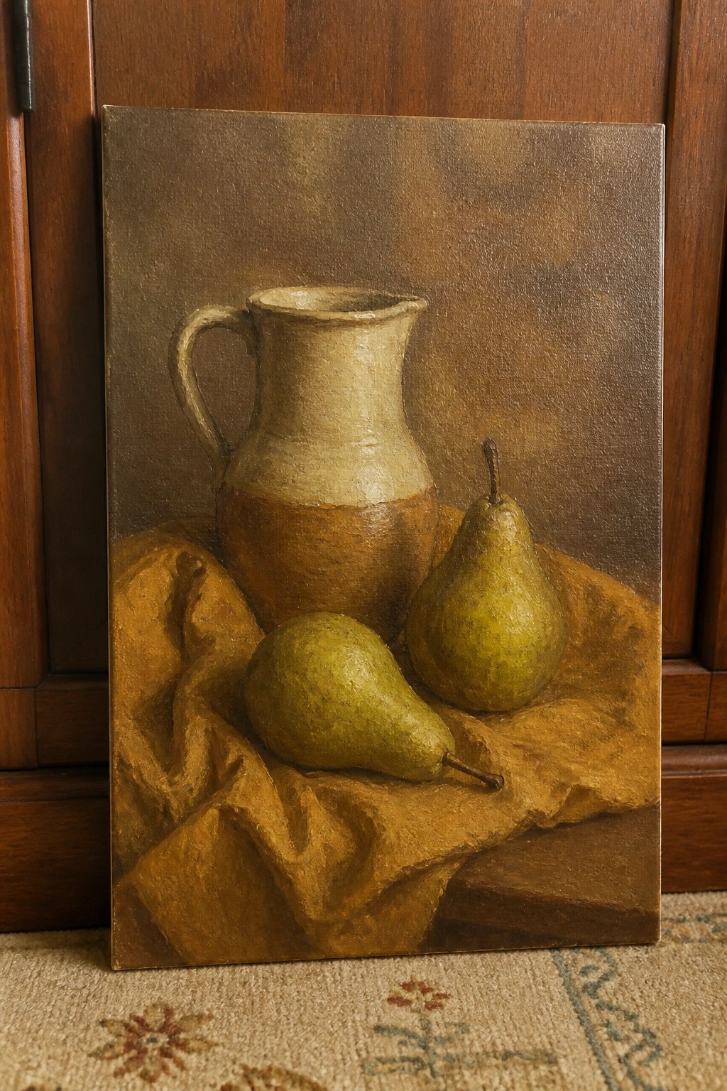 Still life painting of ceramic pitcher and two pears on brown draped cloth.